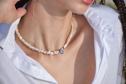 Puka shell and freshwater, pearl beachy necklace