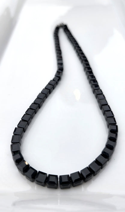 1920s Vintage Black Onyx Cube Swarovski Crystal Necklace.