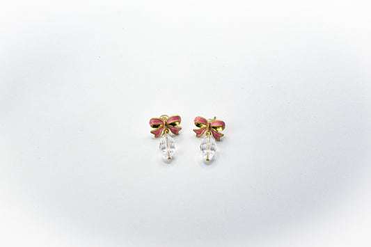 Clear Swaroski Crystal Earrings with pink gold bow
