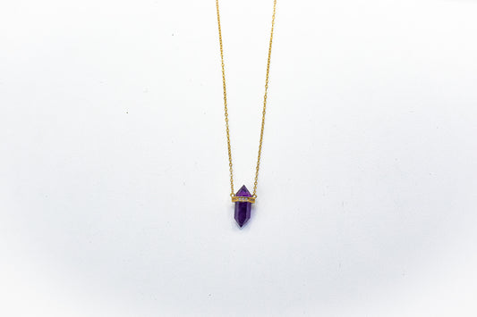 Dainty Double pointed 18K gold Amethyst adjustable necklace with  paved rhinestone accents