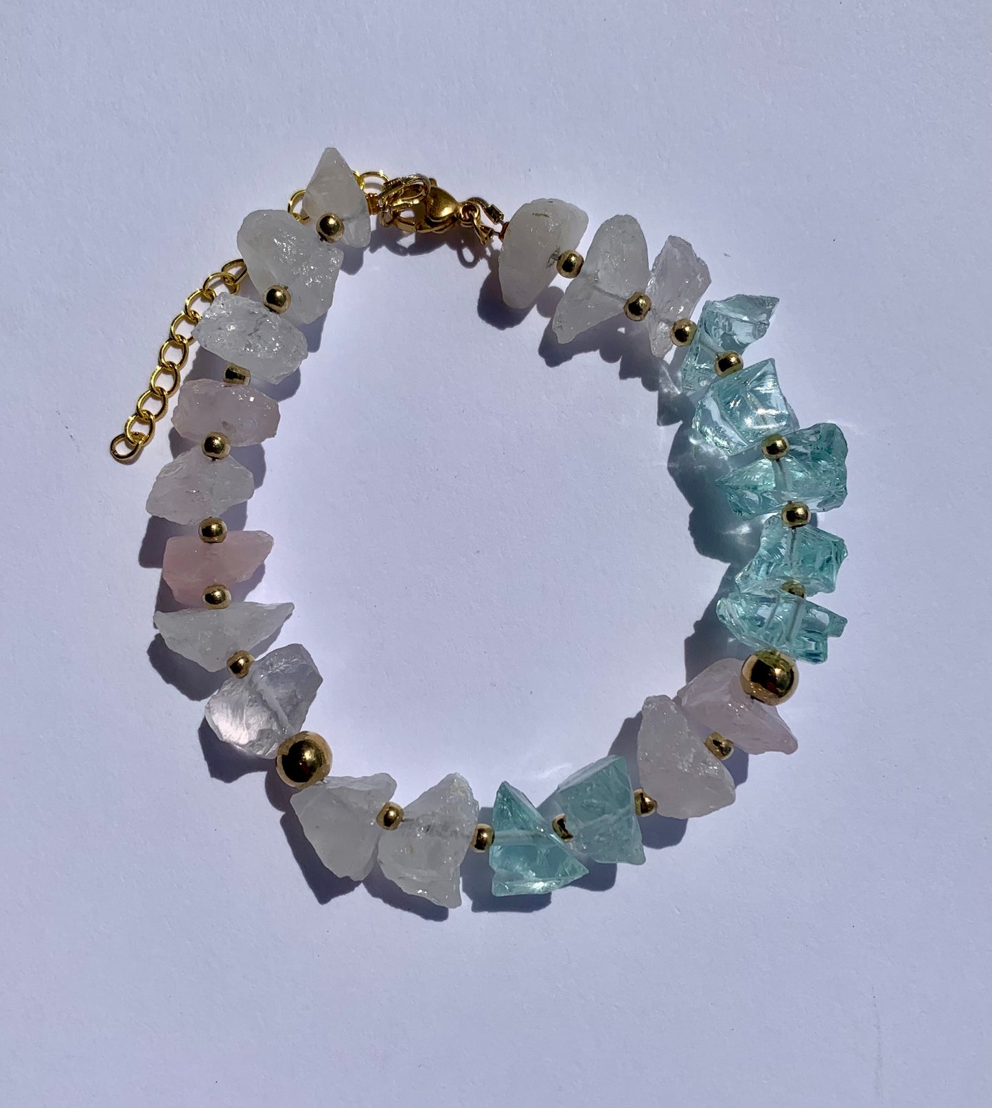 Triple Healing Rose Quartz, Moonstone, and Aquamarine Bracelet