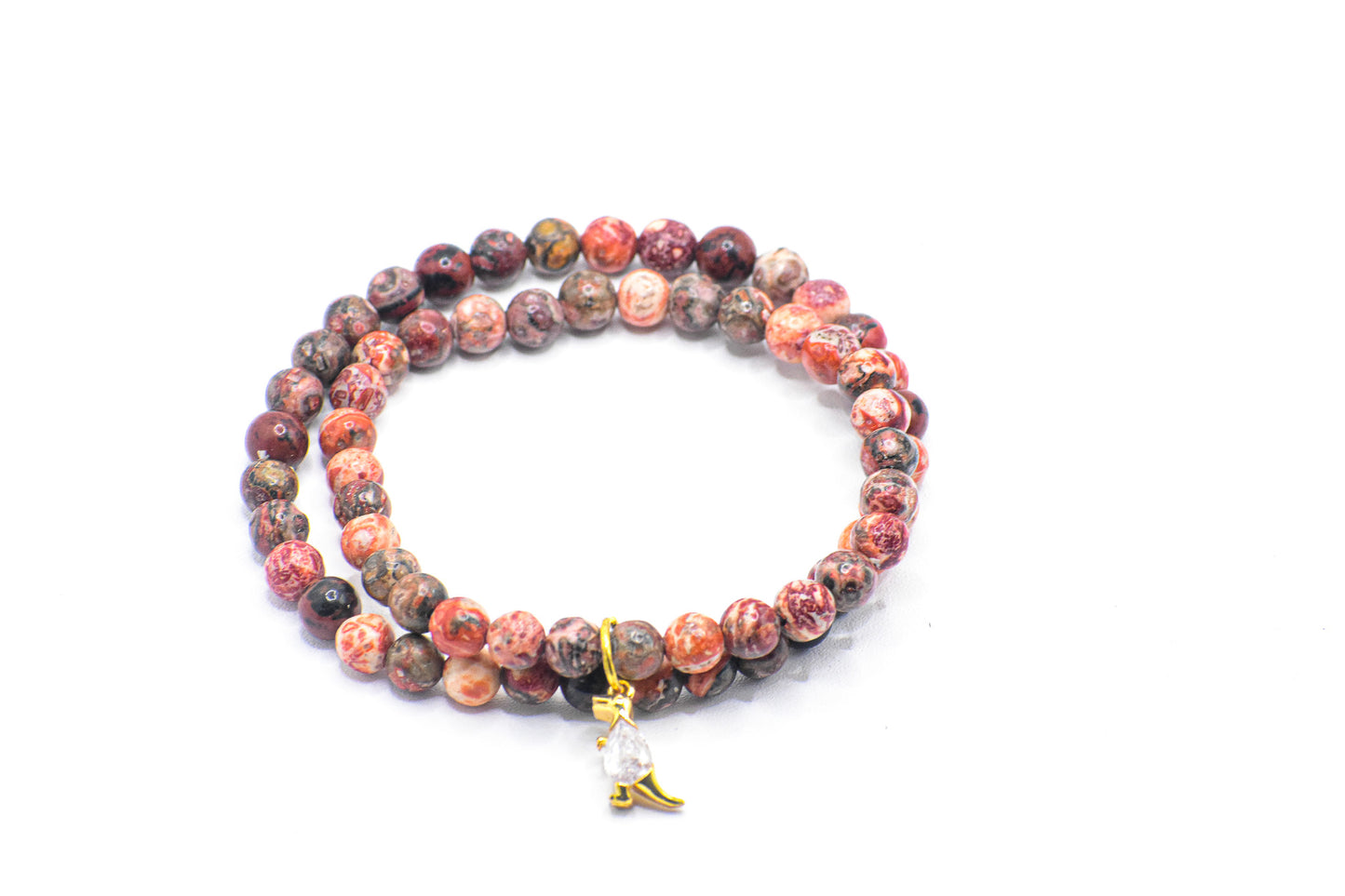 Mahogany Jasper Bracelet, Rhinestone, Gold with Dinosaur Charm